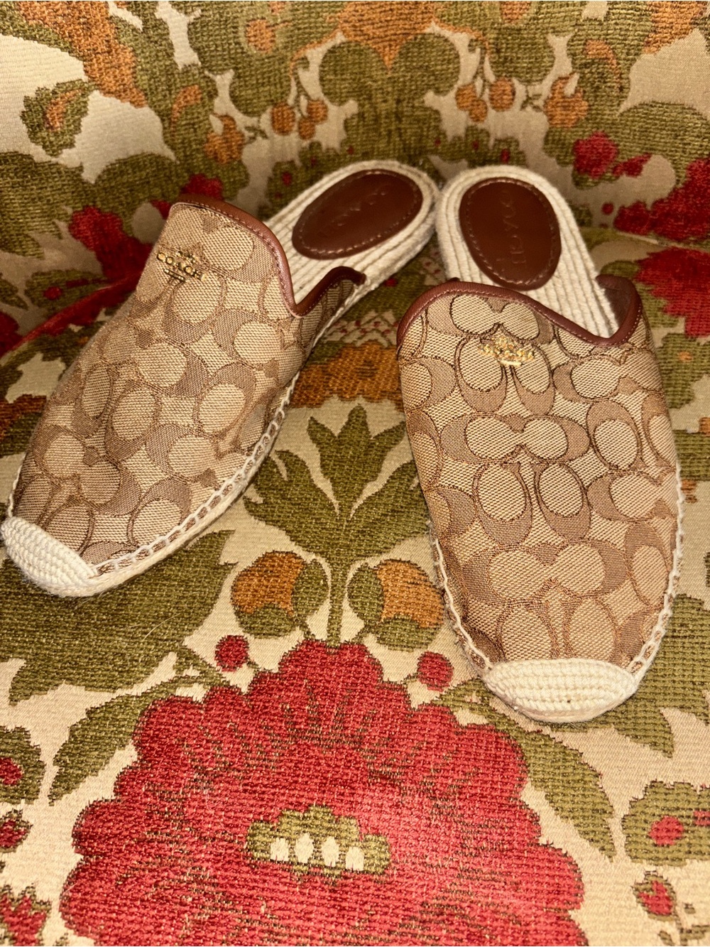 Coach Beige Signature Canvas Espadrille Mules with Brown Trim